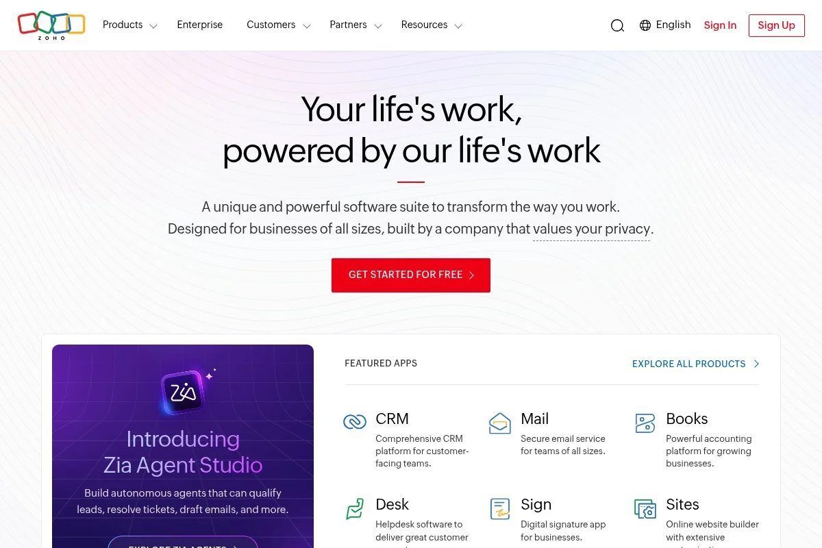 Screenshot of Zoho CRM homepage