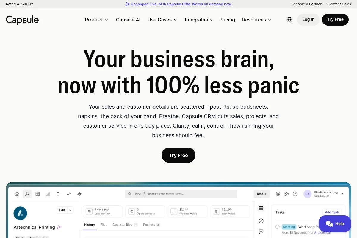 Screenshot of Capsule CRM homepage