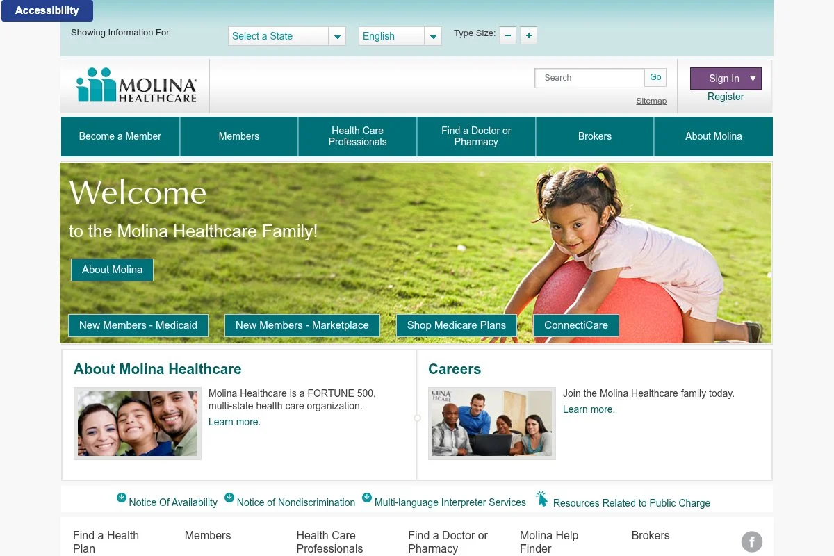 Screenshot of Molina Healthcare homepage