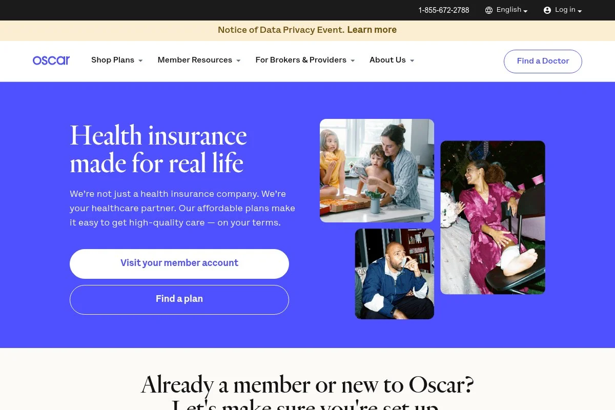 Screenshot of Oscar Health homepage