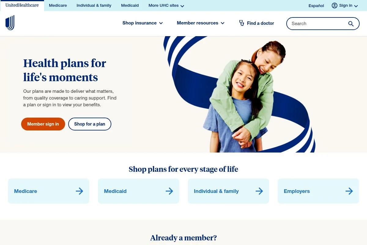 Screenshot of UnitedHealthcare homepage