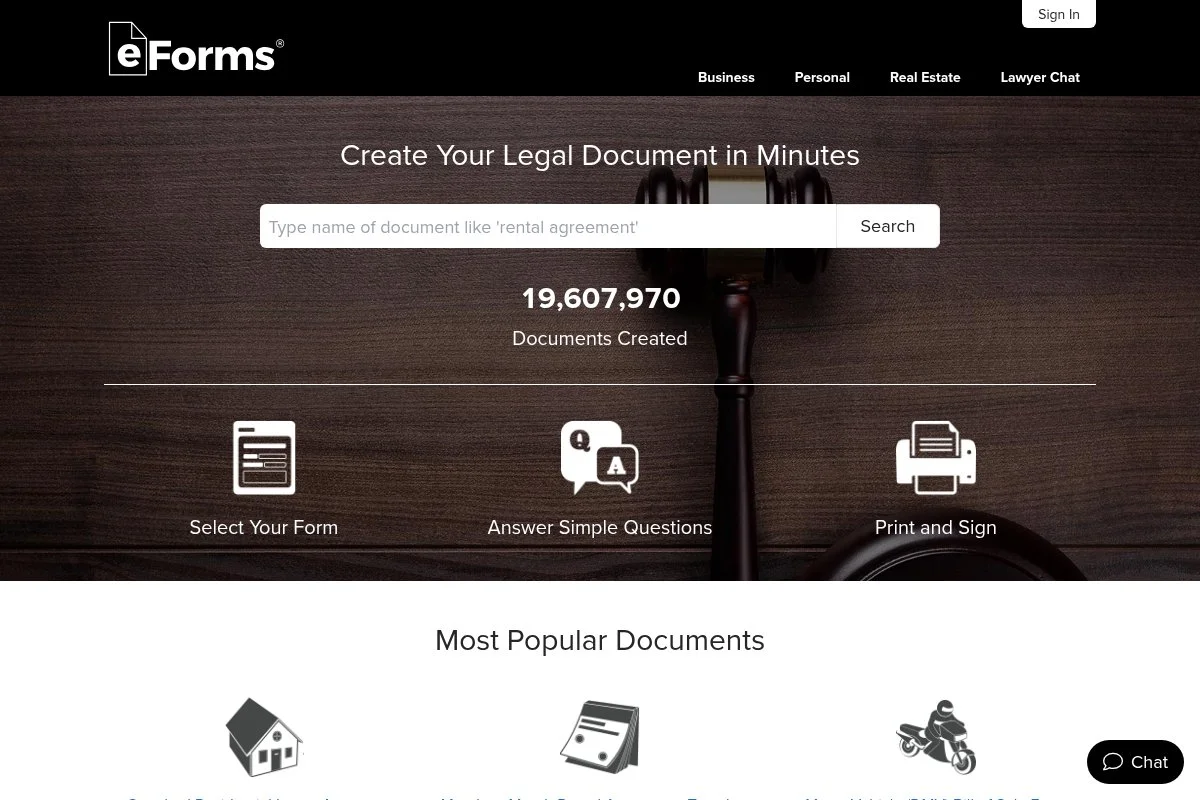 Screenshot of eForms homepage