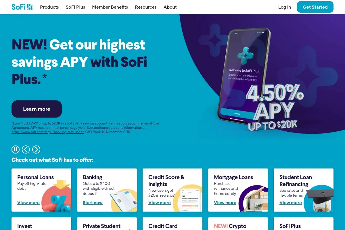 Screenshot of SoFi Personal Loans homepage