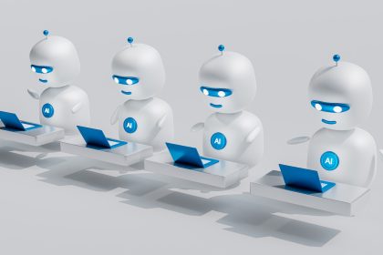 a group of white robots sitting on top of laptops; AI coding agents