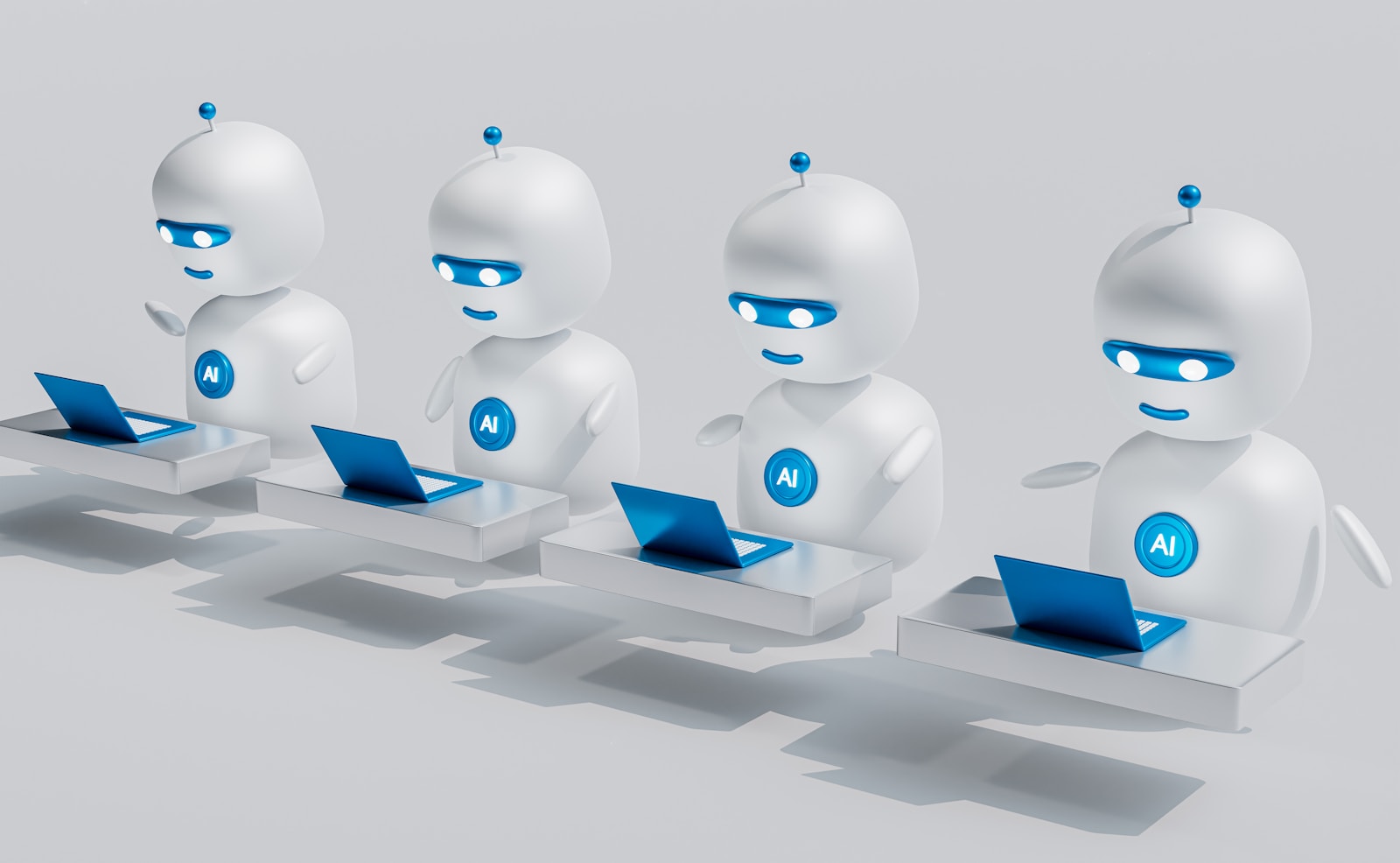 a group of white robots sitting on top of laptops; AI coding agents