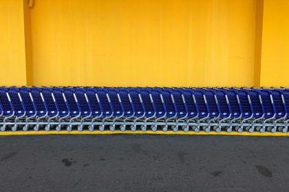 arranged blue grocery carts; Walmart Road to Open Call