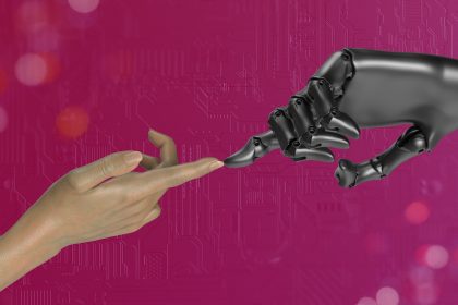 two hands touching each other in front of a pink background; AI automation