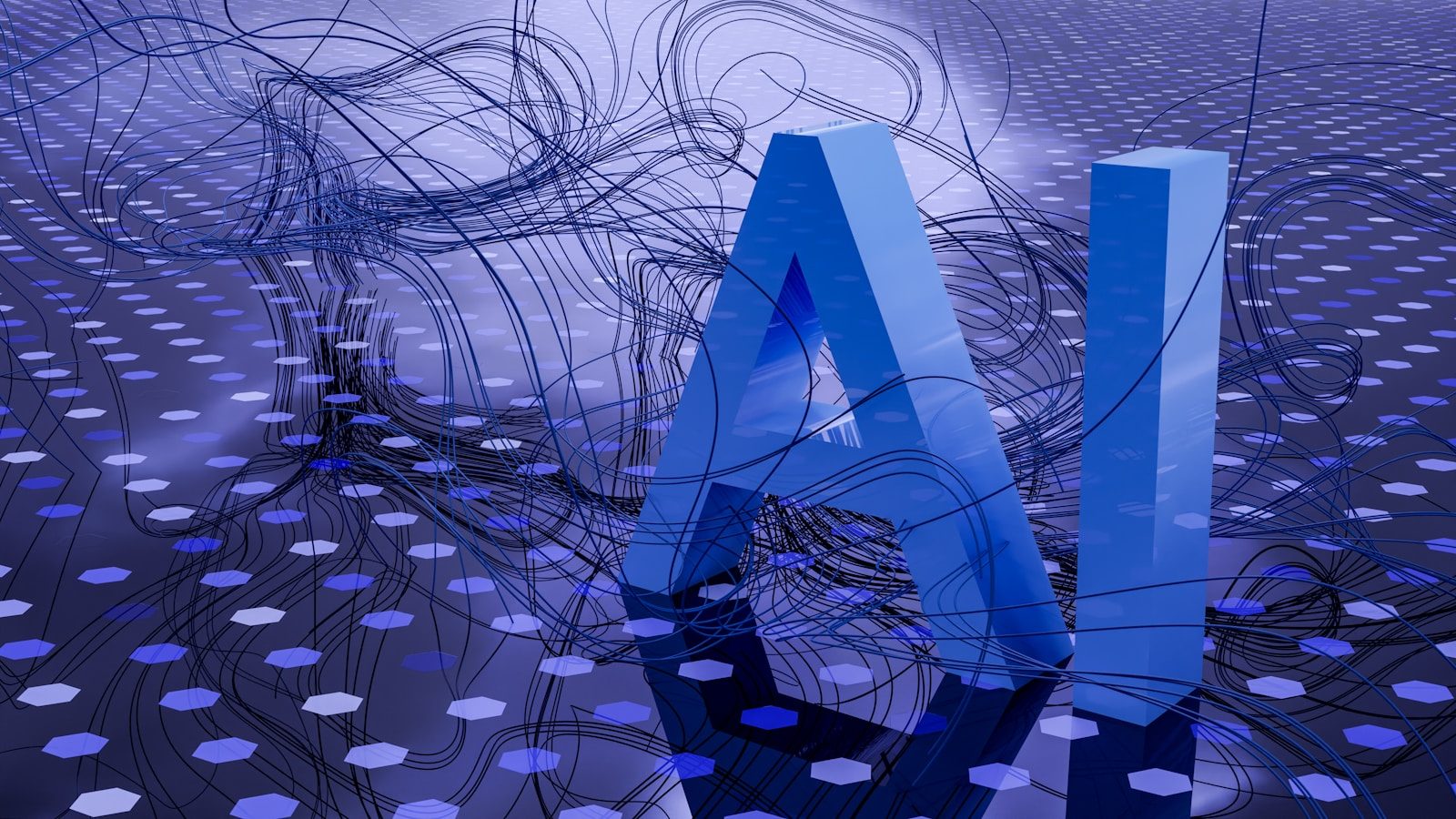 3D rendered ai text on dark digital background; AI agents for solopreneurs