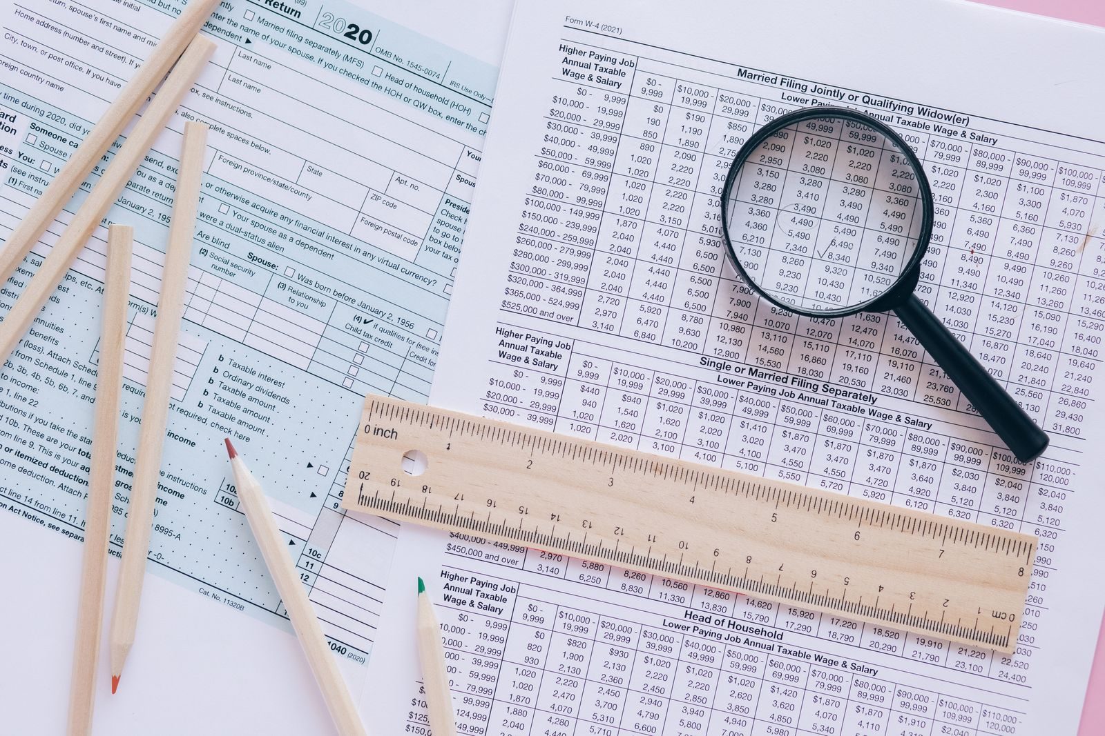 A high angle view showing IRS tax forms with pencils, ruler, and magnifying glass for financial planning; 2027 tax brackets