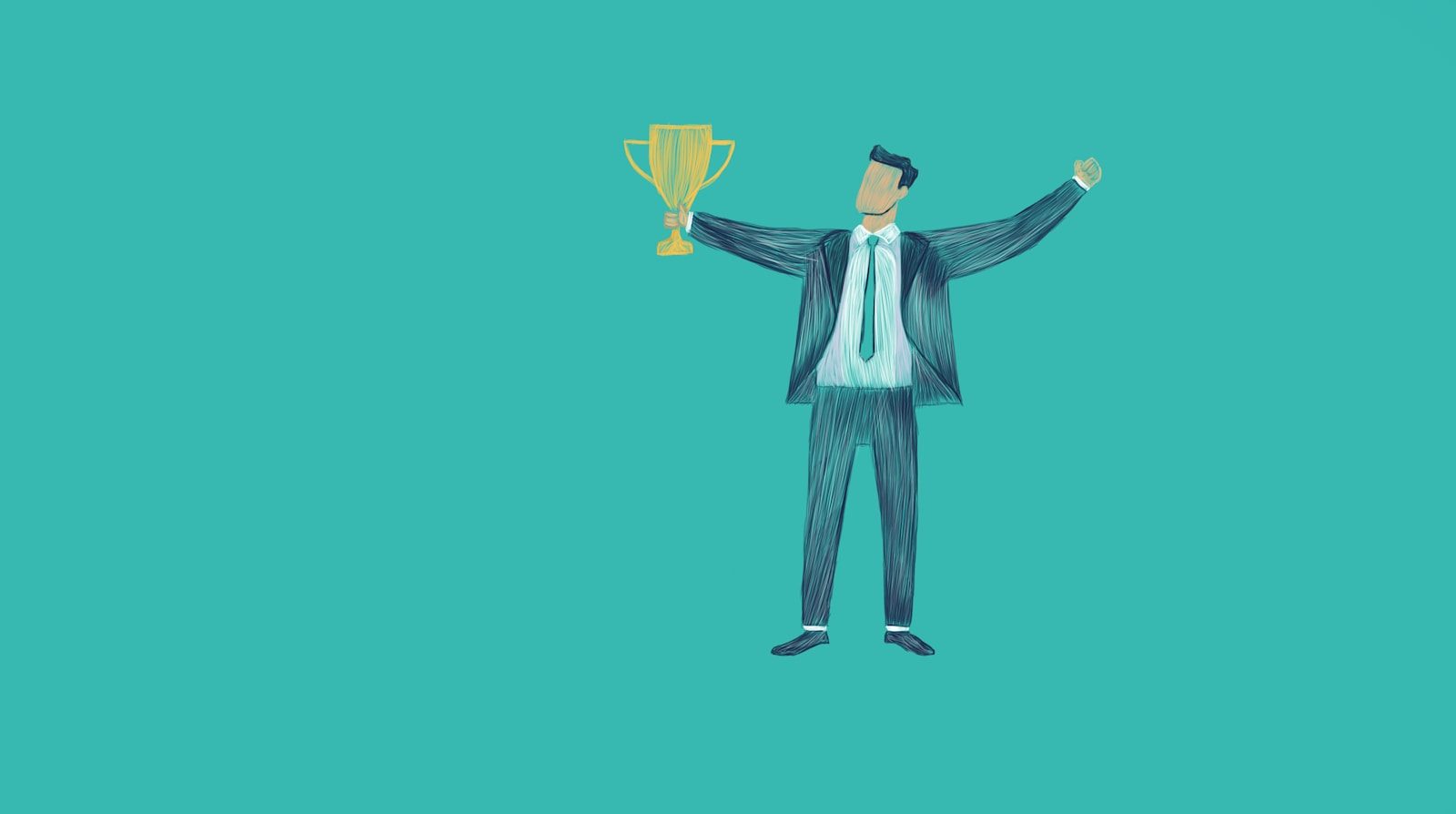 Man in suit holding a trophy with arms raised; small business awards