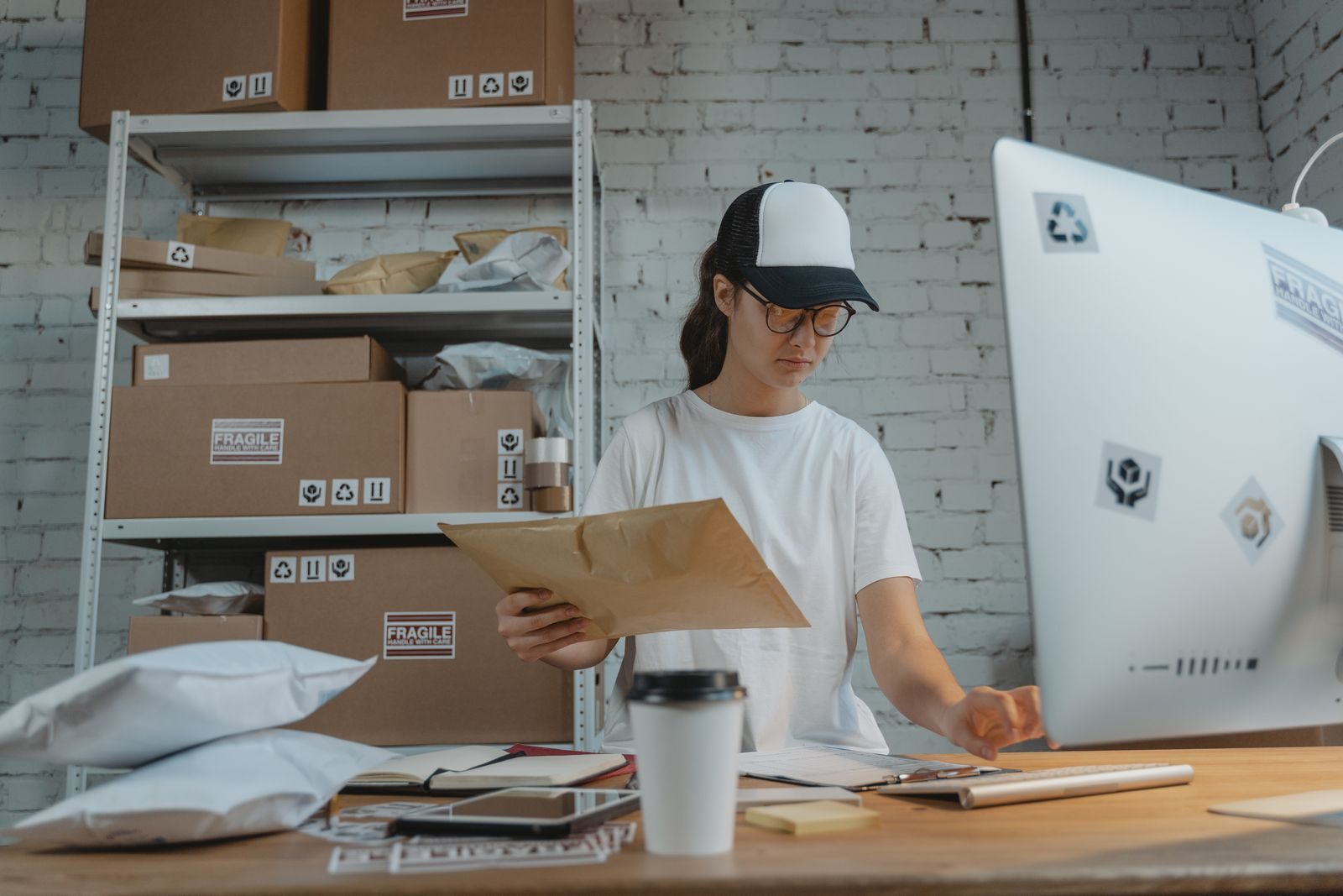Young woman sorting packages in a warehouse office setting, focused on logistics work; Etsy capped shipping rates