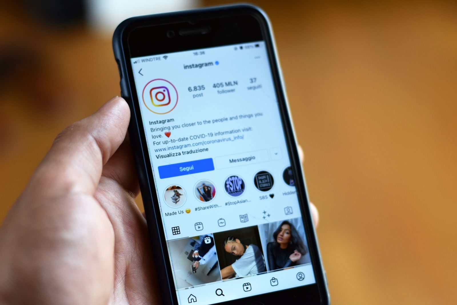 Close-up of a smartphone displaying an Instagram profile screen; Instagram Reels linking