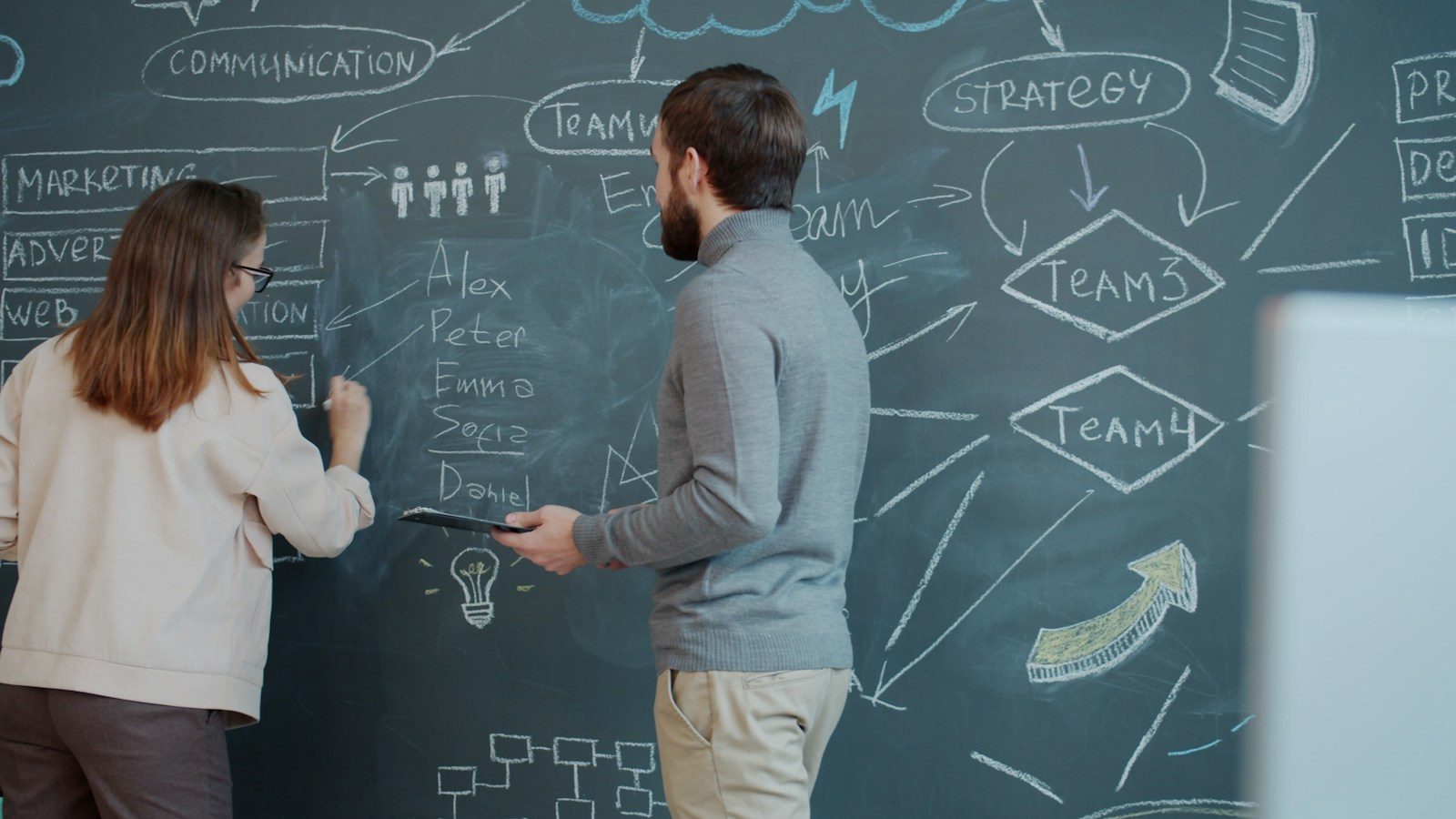Two people planning on a chalkboard with diagrams; new business formations